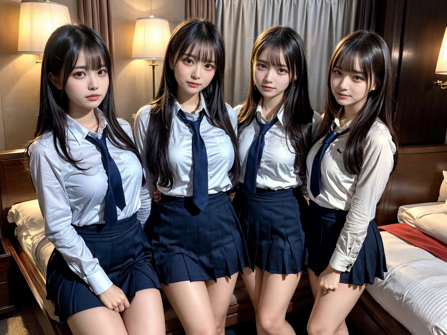 (8K, RAW Photos, Highest quality, masterpiece:1.3), (professional photography, full colors, studio-caliber color grading), (Gravure quality for high-end fashion magazines), close up, BREAK, (3 beatiful girls:1.2), (female high-school student, School Uniforms), (School Uniforms, white Cutter shirt, darkblue pleatedskirt), (short bob hair:1.1), (A dark-haired, The forehead is hidden by bangs:1.1), Black eyes, shinny skin, Beautiful delicate face, Beautiful delicate eyes, cute type, Harajuku style, (Voluptuous body shape, Thicker thighs:1.2), One piercing in each ear, ((large breasts)), ((avy blue tie) ,looking at camera, BREAK , (The background is a luxury hotel room:1.2), Play with each other,Touching each other's bodies,Touching the body of the girl next door,