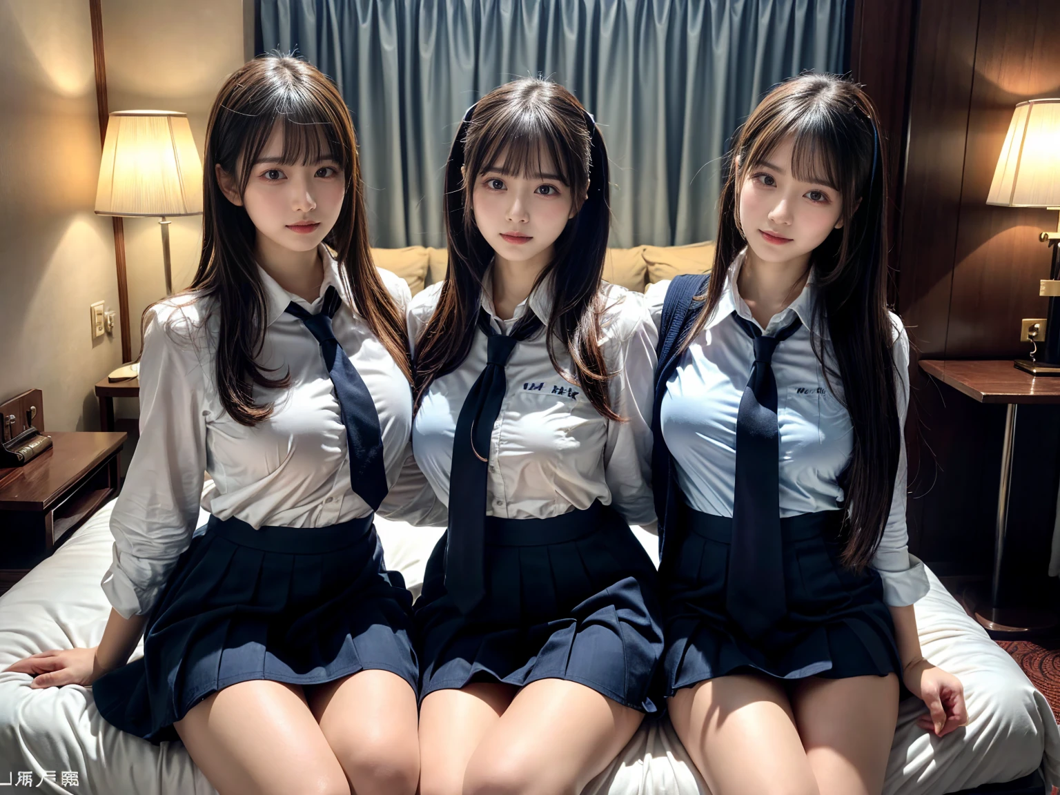 (8K, RAW Photos, Highest quality, masterpiece:1.3), (professional photography, full colors, studio-caliber color grading), (Gravure quality for high-end fashion magazines), close up, BREAK, (3 beatiful girls:1.2), (female high-school student, School Uniforms), (School Uniforms, white Cutter shirt, darkblue pleatedskirt), (short bob hair:1.1), (A dark-haired, The forehead is hidden by bangs:1.1), Black eyes, shinny skin, Beautiful delicate face, Beautiful delicate eyes, cute type, Harajuku style, (Voluptuous body shape, Thicker thighs:1.2), One piercing in each ear, ((large breasts)), ((avy blue tie) ,looking at camera, BREAK , (The background is a luxury hotel room:1.2), Play with each other,Touching each other's bodies,Touching the body of the girl next door,