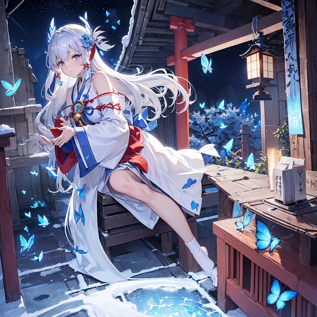 ((high resolution, silver hair, long hair, shrine maiden, white band)) ((mysterious, blue butterfly, night, Japanese style, shoulder, shining aura)) (prayer, dance), moon, stars, catch the wind, winter