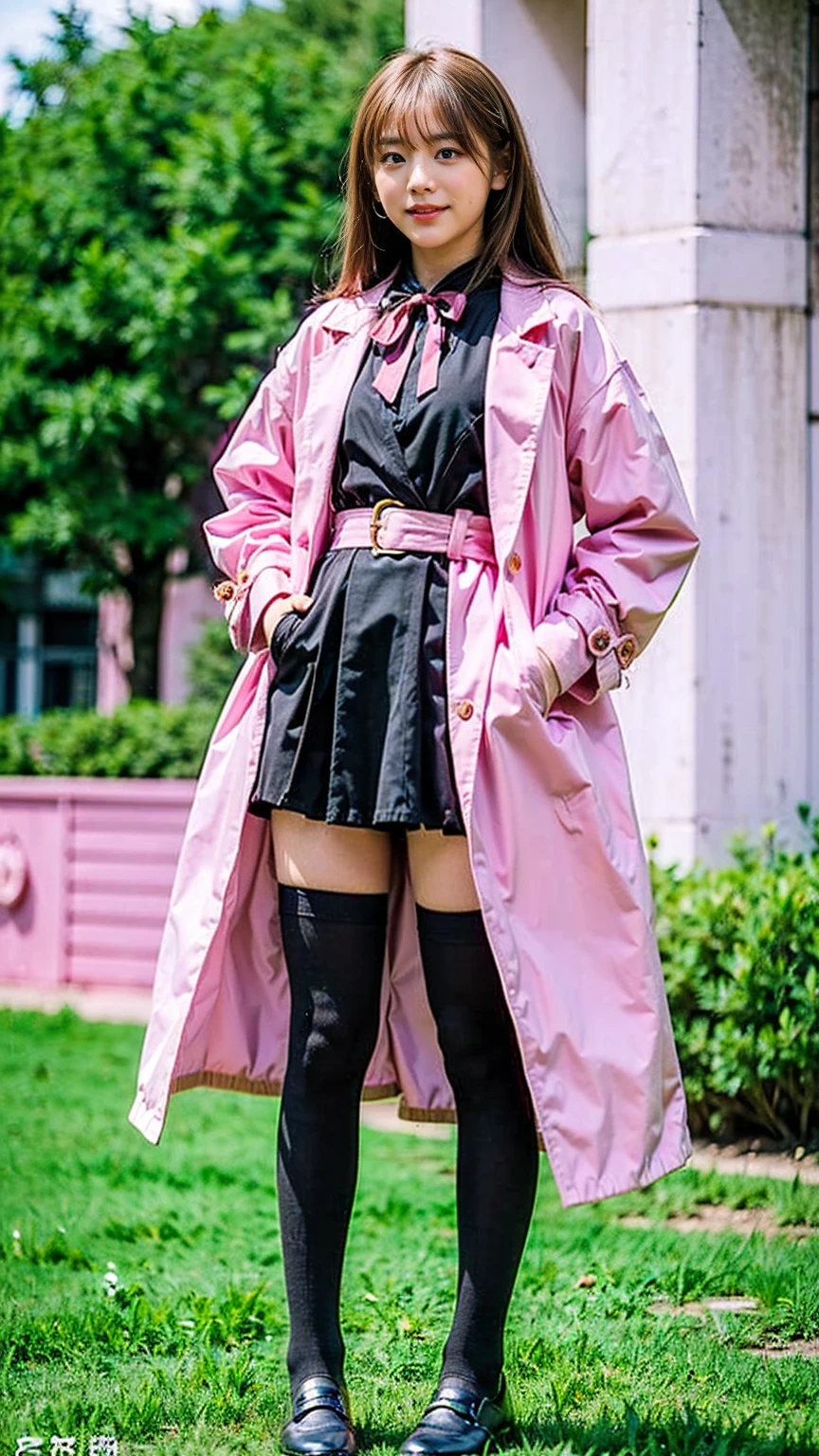 (8K、RAW Photos、Highest quality、masterpiece:1.2)、(Realistic、Realistic)、1 Girl、((Pink Coat、smile、Black mini dress、whole body、Knee socks、loafers、garden、chest emphasis、whole body、View from the front、Ribbon on chest、Looking into the camera、Blonde、belt、Stand with hands on hips))、