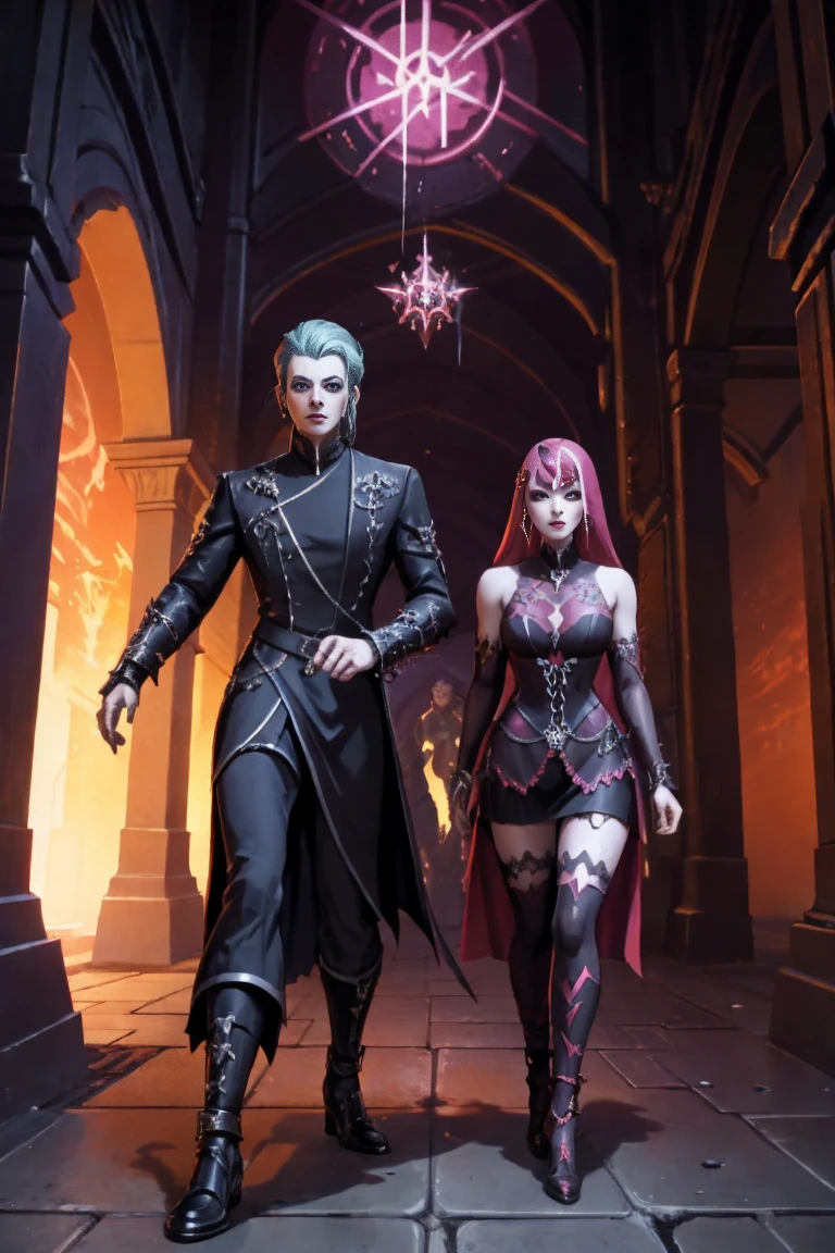 there are two women dressed in costumes walking in a courtyard, gothic and futuristic, second life avatar, secondlife, nixeu and sakimichan, beautiful gemini good and evil, crimson themed, devil versus angel, good and evil, inspired by Louis Grell, gothic harts, dressed in crustpunk clothing, spellcasting pose, 2 angels