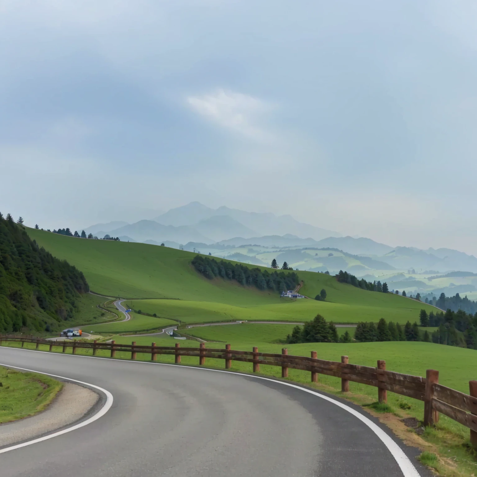 There is a bend in the road，There is a fence next to it, Mountain Road, Mountain Road, Downhill view, Hills in the background, Stunning scenery in the background, scenery is beautiful, very scenery is beautiful, rolling green hills, countryside in japan, hills and mountains, very very scenery is beautiful, Rolling Hills, There are mountains in the distance