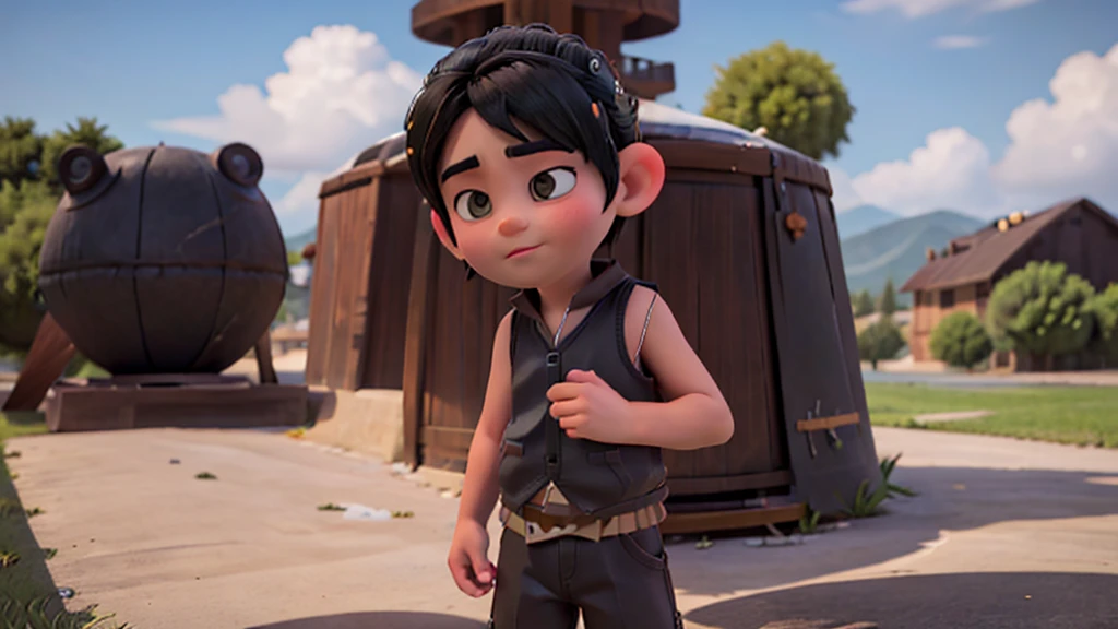 A 12 year boy with black vest with skale on it