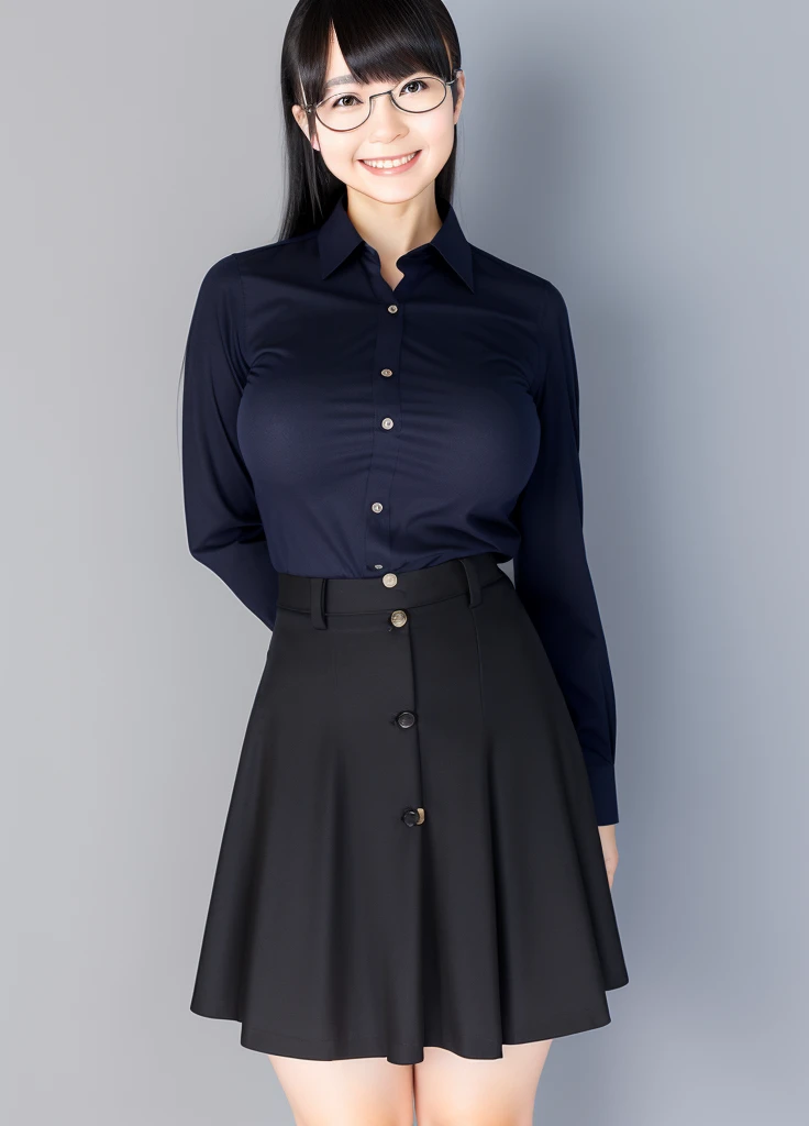 masterpiece,Highest quality,Top 1 Girl, alone, Realistic, View your viewers, Black Hair,Glasses,Simple Background,smile,Big Breasts,whole body,Button and collared shirt,Slender,skirt,Thin and beautiful legs