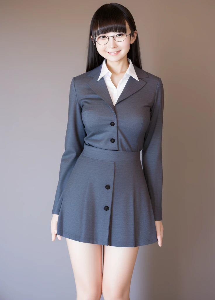 masterpiece,Highest quality,Top 1 Girl, alone, Realistic, View your viewers, Black Hair,Glasses,Simple Background,smile,Big Breasts,whole body,Button and collared shirt,Slender,skirt,Thin and beautiful legs