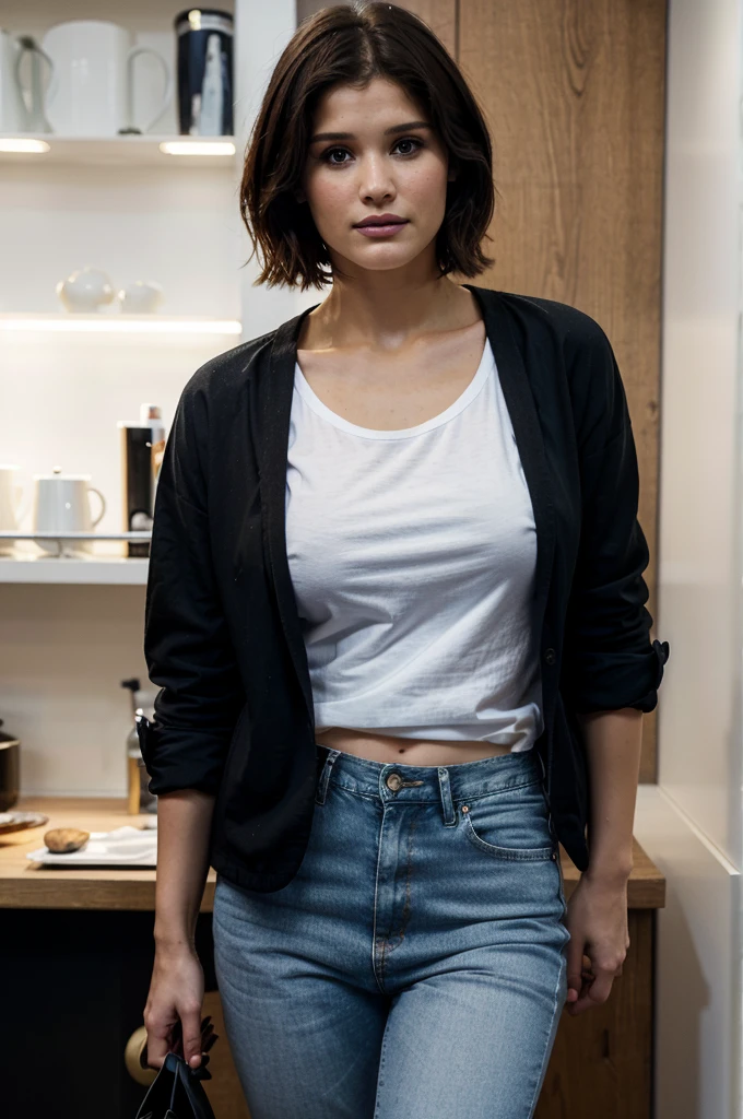 Gemma Arterton, black jaquet, white t-shirt, blue jeans
