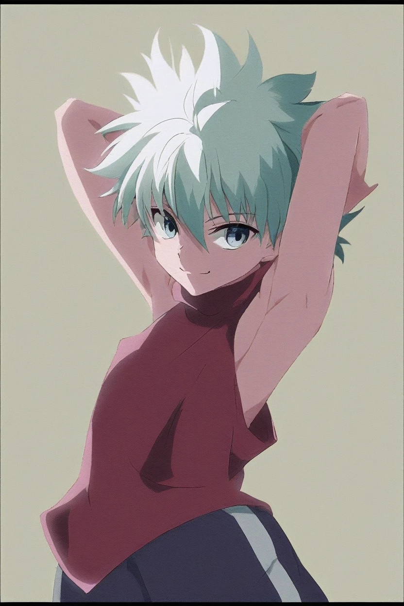 killua_zoldyck, 1boy, solo, short hair, bangs, blue eyes, simple background, , , hair between eyes, closed mouth, upper body, white hair, , male focus, shorts, arms up, ,, , border, spiked hair, arms behind head, yellow background, , green background, male, score_9, rating_safe ,Wearing sleeveeless,Showing armpits,smirk