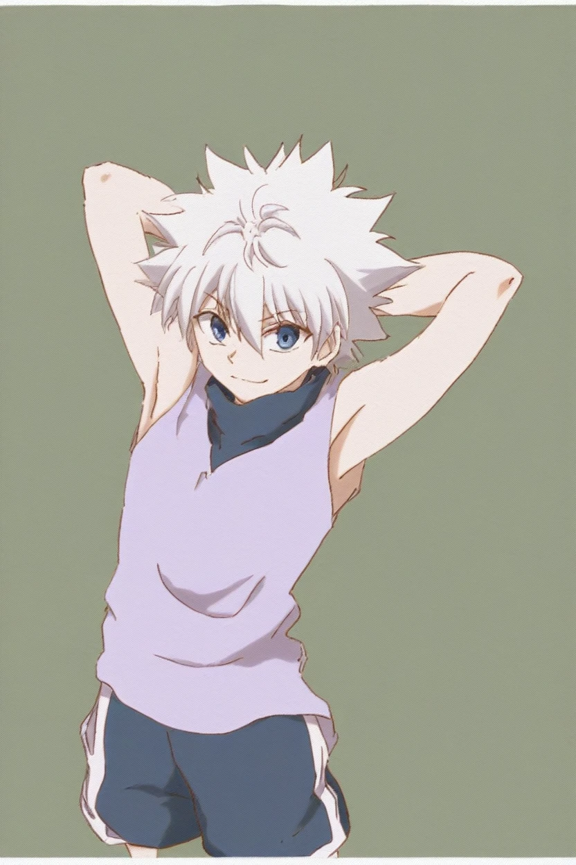 killua_zoldyck, 1boy, solo, short hair, bangs, blue eyes, simple background, , , hair between eyes, closed mouth, upper body, white hair, , male focus, shorts, arms up, ,, , border, spiked hair, arms behind head, yellow background, , green background, male, score_9, rating_safe ,Wearing sleeveeless,Showing armpits,smirk