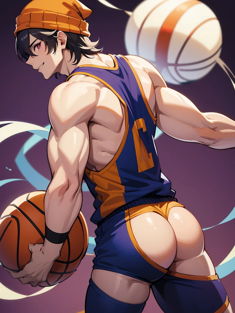 anime characters: 1guy, Bara, 1Muscular guy, 1person, 1guy, solo, sleeveless basketball jersey, purple shorts, thighs, purple beanie, small pupils, orange eyes, stubble, smile, black skined male, only, back, bending over, big ass, muscle ass, booty, gray background, best quality