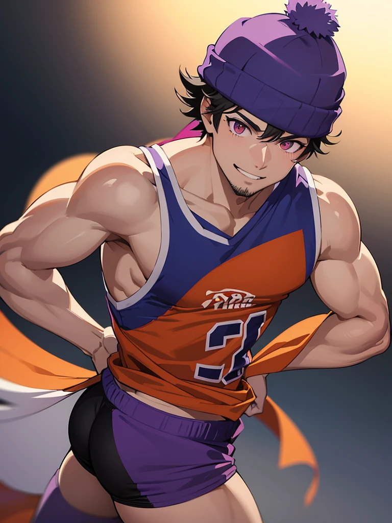 anime characters: 1guy, Bara, 1Muscular guy, 1person, 1guy, solo, sleeveless basketball jersey, purple shorts, thighs, purple beanie, small pupils, orange eyes,  stubble, smile, black skined male, only,  back, bending over, big ass, muscle ass, booty, gray background, best quality