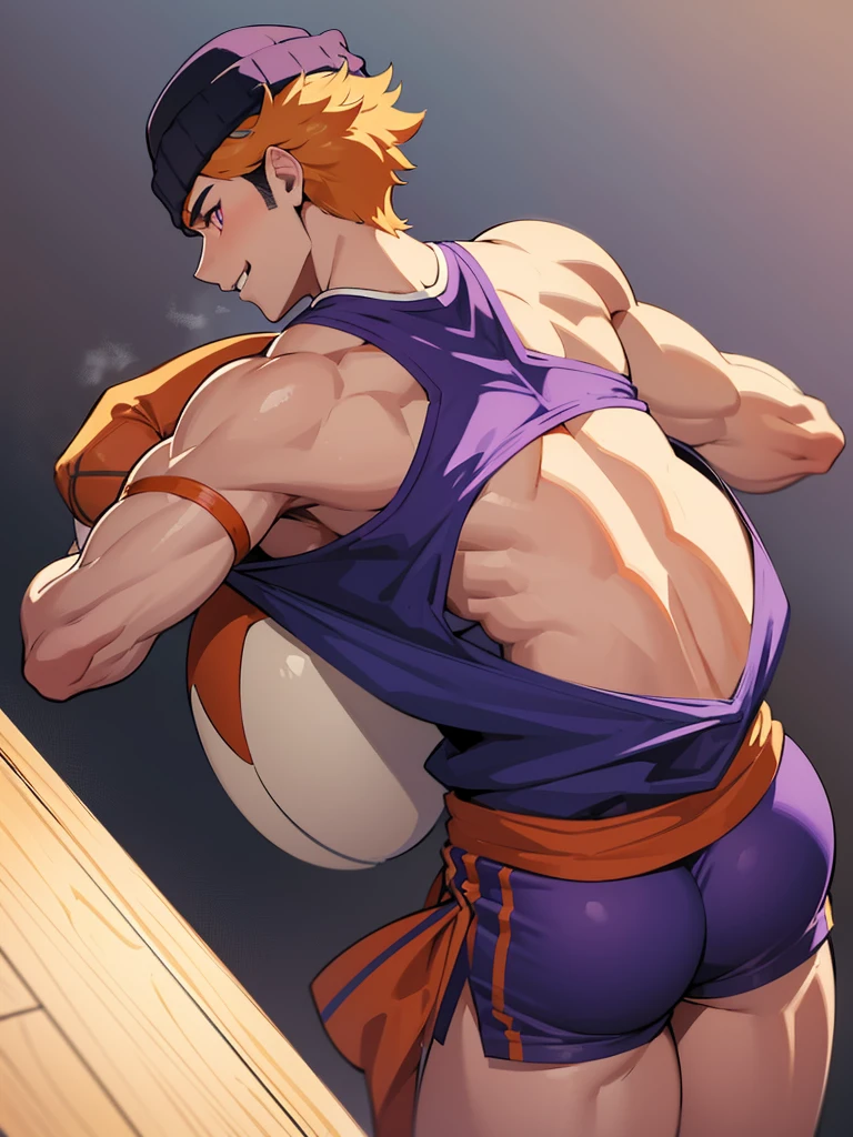 anime characters: 1guy, Bara, 1Muscular guy, 1person, 1guy, solo, sleeveless basketball jersey, purple shorts, thighs, purple beanie, small pupils, orange eyes,  stubble, smile, black skined male, only,  back, bending over, big ass, muscle ass, booty, gray background, best quality