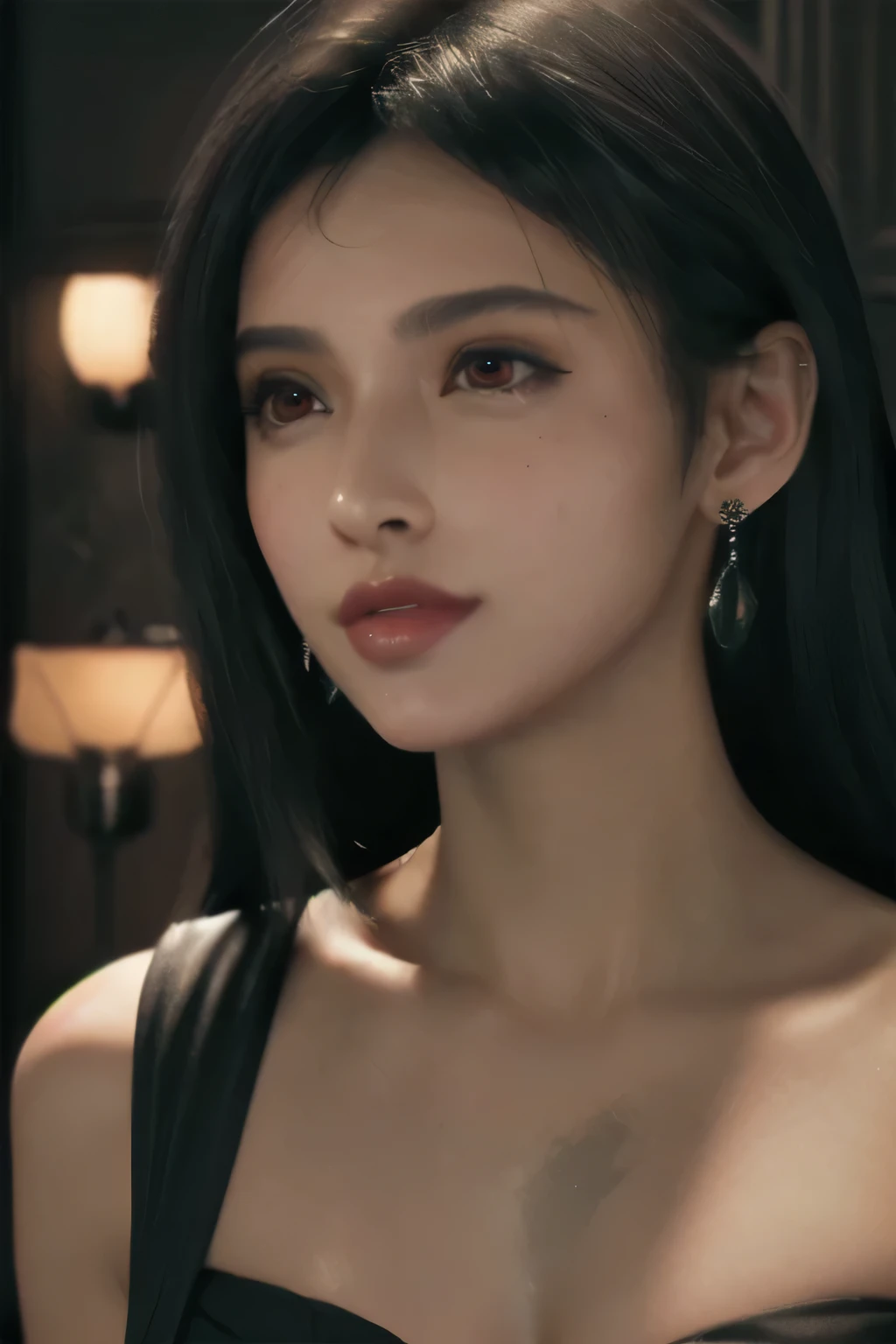 Amazing portrait of a sexy woman with a beautiful face emphasized by amazing makeup and beautifully detailed eyes with perfect lips wearing her black hair in a messy bun blushing intensely as she's flustered and lustful wearing some elegant earrings and a black blouse paired with a sheer dark green saree making her look hot with vibrant colors and soft lighting