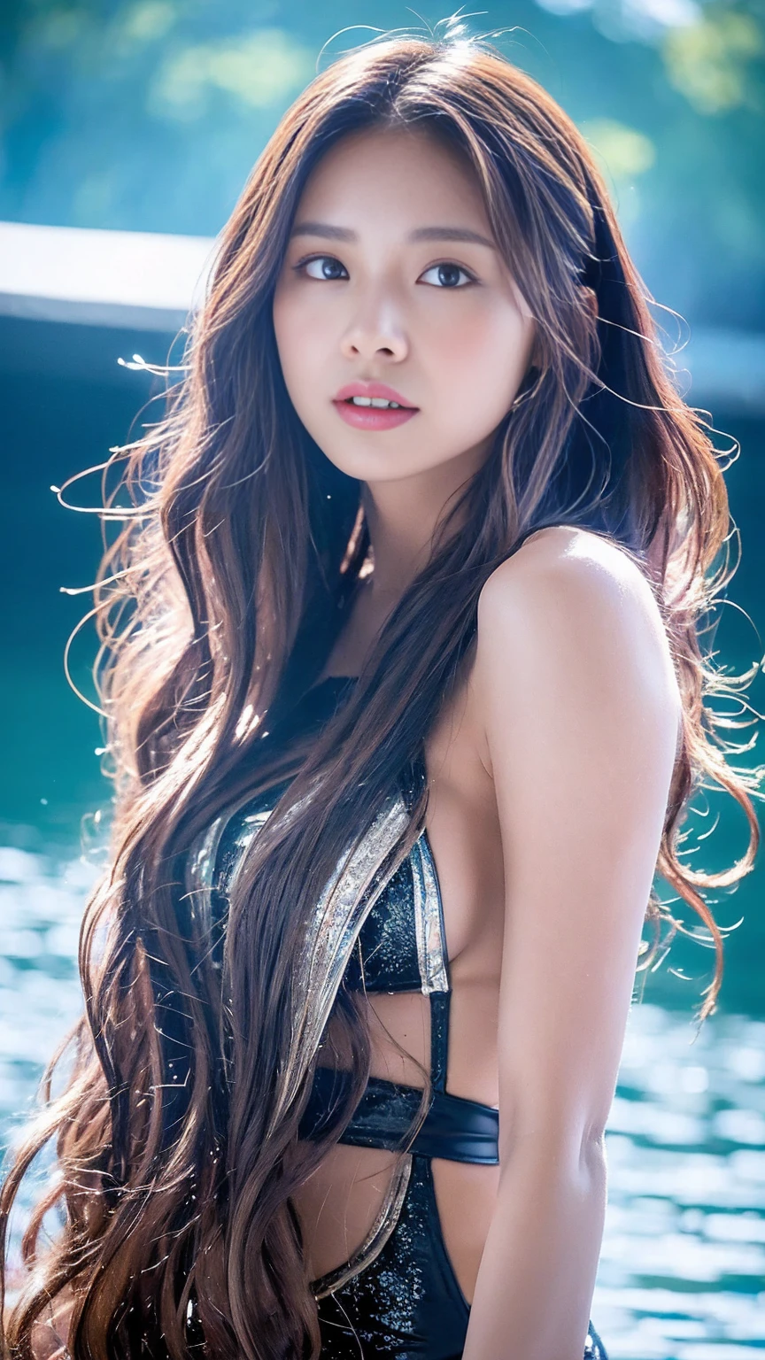 8K, Ultra-realistic photos、A beautiful and gorgeous anthropomorphic female dragon, Wearing a swimsuit, Located on the lake, Gray Hair, Wavy Hair, Ultra-radiant skin, Wet_skin, The magnificent composition evokes admiration.., Ultra-realistic and highly detailed, Excessive emotion, Spectacular Cinema Lighting, 32K Ultra HD resolution, Hasselblad H6D 400c multi-shot, Midacom Speedmaster 35mm f1. 2 XCD - Style Expression - AR 1:2 - Up Anime - Rainbow 5 - Q 3