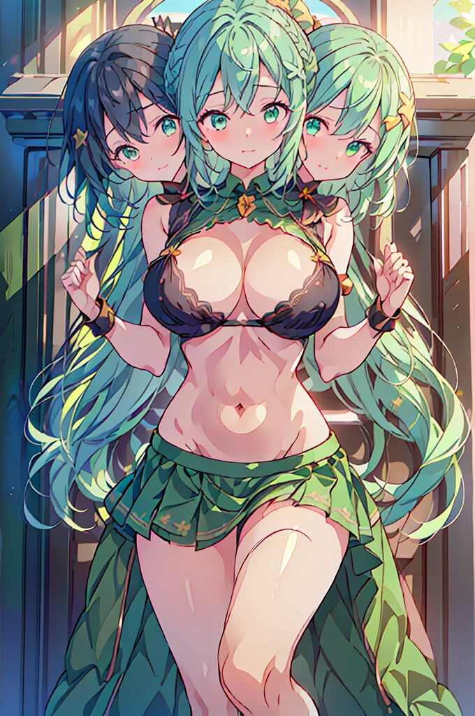 (masterpiece, best quality), best quality, (ultra-detailed), (3heads:1.5), 1girl, (komeji koishi:1.3), masterpiece, best quality, ultra quality, ultra resolution, yellow top, crop top, ((stomach)), midriff, ((groin)), green skirt, normal ears, shackles, mint green hair, very long hair, wavy hair, sidelocks, green eyes, detailed eyes, parted lips, smiling, cute, toned belly, hand on own chest, eyelashes, (24 year old woman:1.3), (masterpiece:1.5), (best quality:1.5), (beautiful detailed extremely detailed CG, extremely delicate and beautiful, depth of field, (finely detailed face), (perfect details:1.2), (mature female:1.3), wide pelvis, slender, large veiny breast, 16k resolution, highres, high quality, high definition, extremely detailed, masterpiece, mint green hair, long hair, alluring presence, braid, short skirt, close up, very big tits, huge tits, young, black headwear, hat bow,
