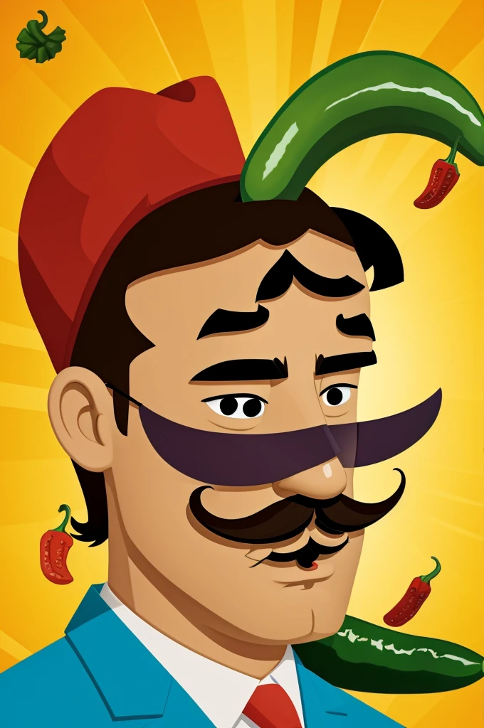 An animated nacho with a mustache and sunglasses ,two jalapeño peppers with woman's lips and big eyelashes