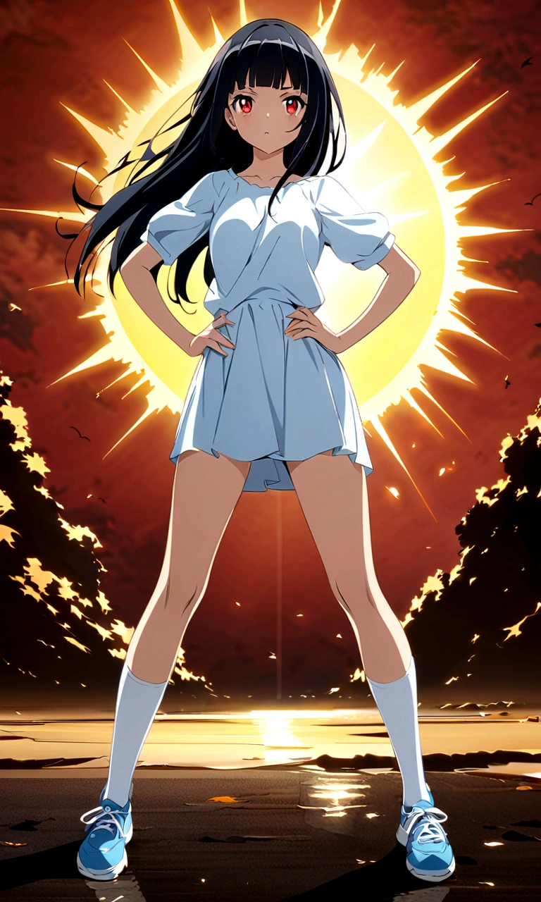high school girl、Knee-high socks、Absolute area、Background white、Semi-long hair、whole body、Standing with your legs apart、Red Eyes、Displeased、to point at、Hands on hips、真summer、summer、Sunshine、Spiteful eyes、、Black Hair、blunt bangs、White shirt,1 girl, 2D CG, Advanced digital anime art, anime character