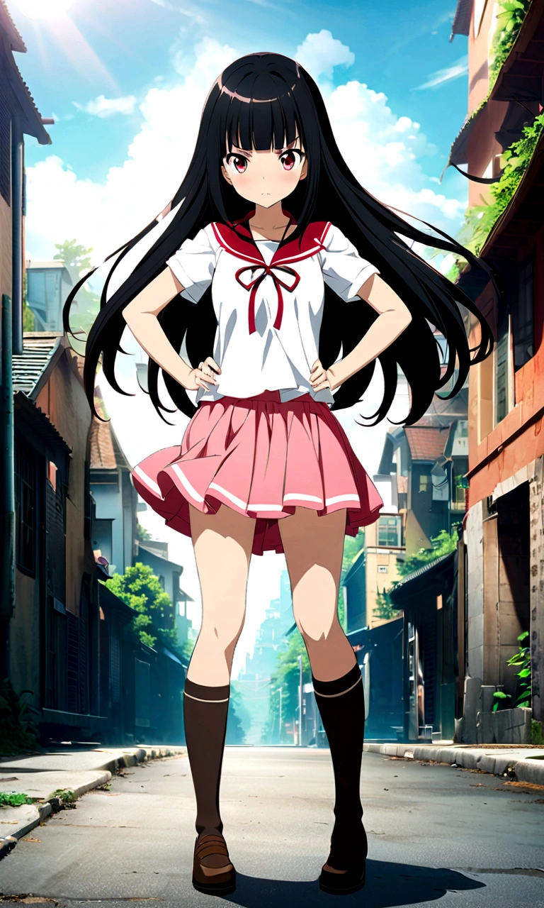 high school girl、Knee-high socks、Absolute area、Background white、Semi-long hair、whole body、Standing with your legs apart、Red Eyes、Displeased、to point at、Hands on hips、真summer、summer、Sunshine、Spiteful eyes、、Black Hair、blunt bangs、White shirt,1 girl, 2D CG, Advanced digital anime art, anime character