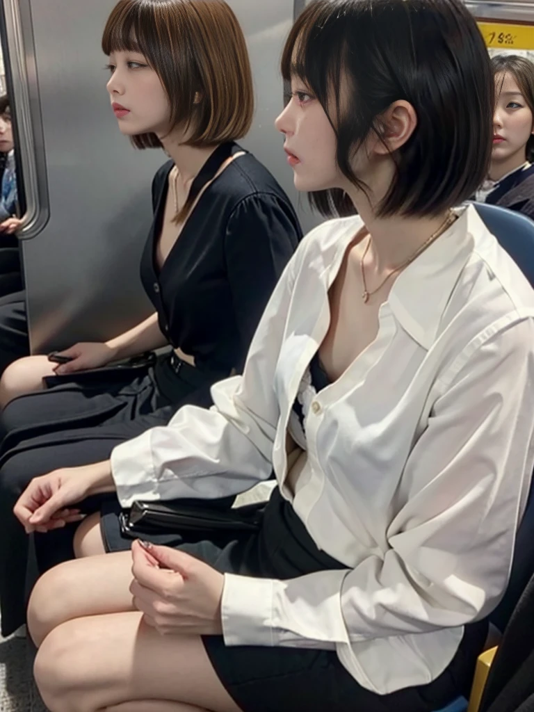 Highest quality, Ultra-high resolution, Highly detailed skin, Physically Based Rendering,Flat Chest, Down blouse,(14 year old Japanese girl , Decorative fine bra, Buttoned shirt, , Small breasts, Sensual ), From side to top ,close, In a crowded train, short hair, necklace, See-through bra,avert your eyes,(Crowded and cluttered train background:1.2)