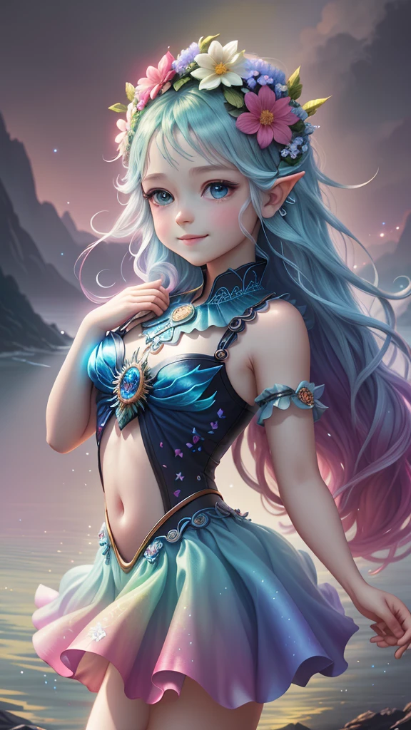 Cute flower fairy baby,asas coloridas, Segure o cetro,Belo oceano cintilante、cercado por flores coloridas,asas transparentes,asas luminescentes、sorriso gentil、summer background、Fada suave e transparente、Tinta aquarela,Fundo bonito do jardim,Bright rainbow color landscape,infinidade de cores,Rico em elementos,The facial features are super detailed,anatomia correta,Epic composition, Epic digital art of romantic fantasy,Epic fairytale fantasy digital art,Mythological fantasy,Very high sharpness、K HD |、8k、Desenho detalhado,realista,very realistic,cinmatic lighting,uma fotografia premiada