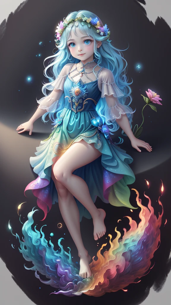 Cute flower fairy baby,asas coloridas, Segure o cetro,Belo oceano cintilante、cercado por flores coloridas,asas transparentes,asas luminescentes、sorriso gentil、summer background、Fada suave e transparente、Tinta aquarela,Fundo bonito do jardim,Bright rainbow color landscape,infinidade de cores,Rico em elementos,The facial features are super detailed,anatomia correta,Epic composition, Epic digital art of romantic fantasy,Epic fairytale fantasy digital art,Mythological fantasy,Very high sharpness、K HD |、8k、Desenho detalhado,realista,very realistic,cinmatic lighting,uma fotografia premiada
