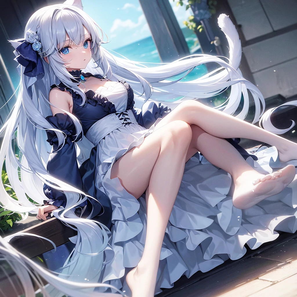 A cat girl with long white hair and ocean blue eyes with star shaped highlight wearing a white dress 