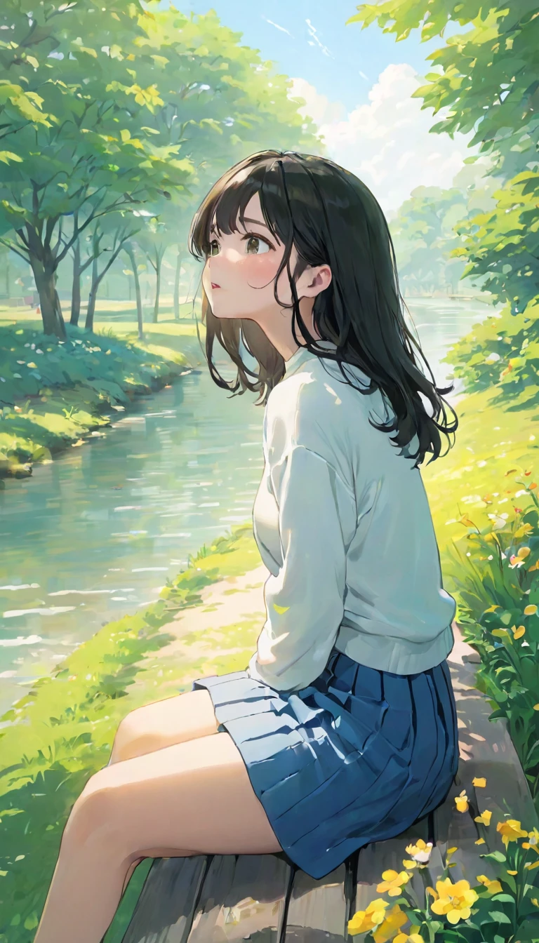 (((Sitting on a bench looking up at the sky:1.37、Girl sitting on the floor looking up at the sky:1.2、Look at the sky:1.37)))、One Girl、Extremely delicate facial and skin texture、White Summer Knitwear、Black long skirt、Everyday Scenes、Pleasant sunshine、In perfect harmony with nature、relaxation、(((Parks by the river、blue sky、White cloud、Summer day)))、Young people、、Summer vacation、Highest quality、masterpiece