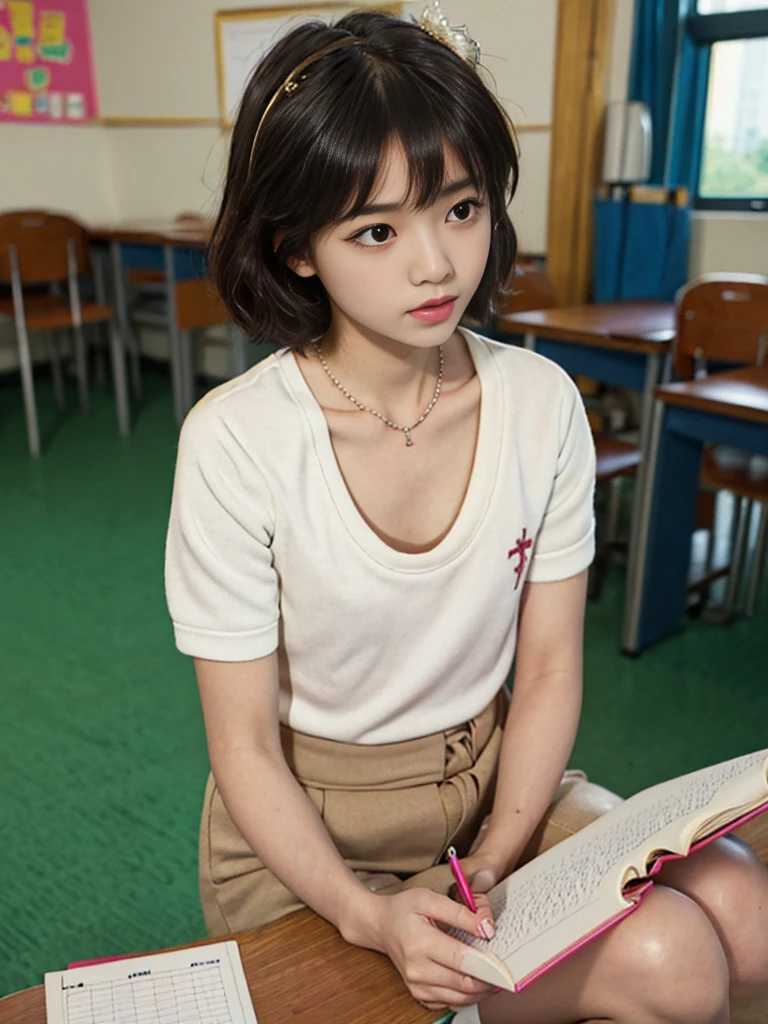 1 Girl ,Highest quality, Ultra-high resolution, Highly detailed skin, Physically Based Rendering, Small breasts, Flat Chest, Down blouse,( Japanese  , Loose bra with embellished details, Overlap short sleeve blouse, Small breasts, Sensual ), In the classroom, short hair, necklace,Bend down and write on a notepad ,Look down,From top left ,Focus on the chest 