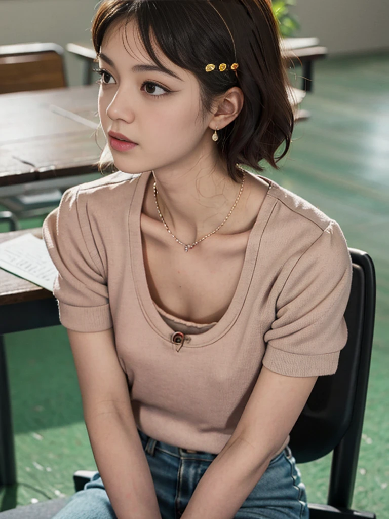 1 Girl ,Highest quality, Ultra-high resolution, Highly detailed skin, Physically Based Rendering, Small breasts, Flat Chest, Down blouse,( Japanese  , Loose bra with embellished details, Overlap short sleeve blouse, Small breasts, Sensual ), In the classroom, short hair, necklace,Bend down and write on a notepad ,Look down,From top left ,Focus on the chest 