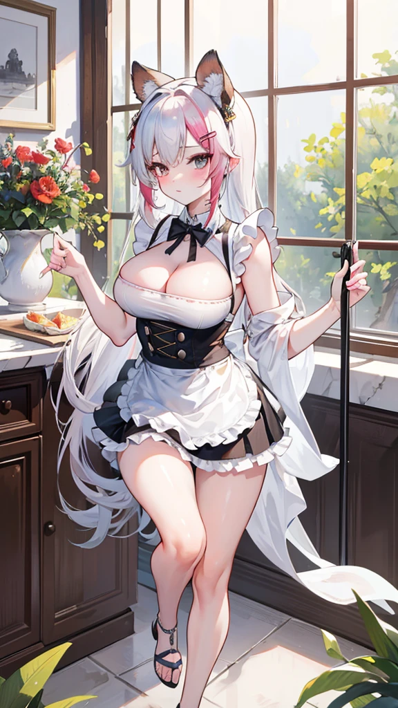 (8K ,hyper-detailing,A masterpiece of hyper-realistic photography,natural,Perfect artwork,Perfect female body),Two cute busty girls),Gorgeous and luxurious palace,Virtual Showcase,long white hairstyle,Cute and beautiful girl,Loose maid outfit with tube top,loose apron,maidennurse,Sexy maid,embedding,cool apron,larger lines,slovenly,stretch the meat,marmalade,The kinky is exposed ,titmouse,Full body photo