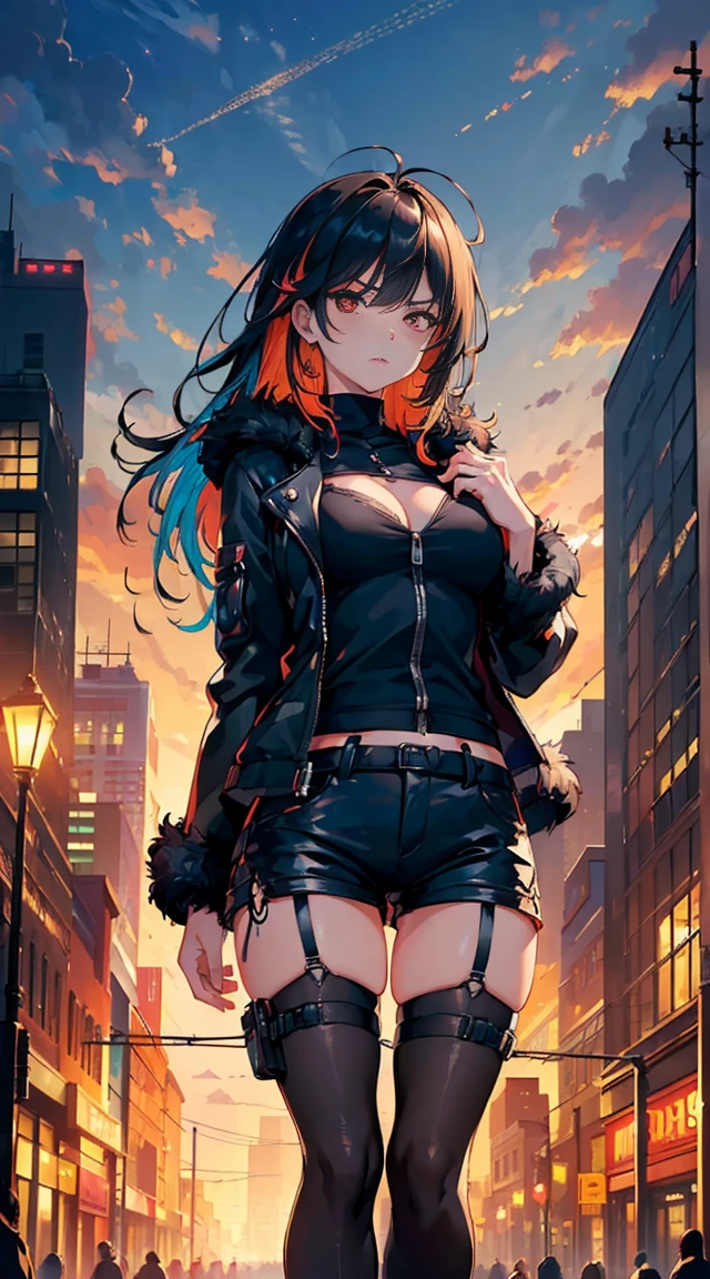 (((masterpiece)), (best quality:1.7), (detailed:1.4), (high res:1.4), 8k, (colorful:1.5), high resolution, sharped image, 4k, hd, (beautiful detailed background:1.2), (beautiful lighting:1.2), (highly detailed:1.2), perfect lighting, (8k wallpaper:1.2), (highly detailed:1.2), (extremely detailed CG:1.2), 1girl, solo, long hair, black hair, red eyes, mercenary outfit, cargo shorts, bed hair, cowlick, black short fur jacket, medium breasts, angry, tall buildings, busy streets