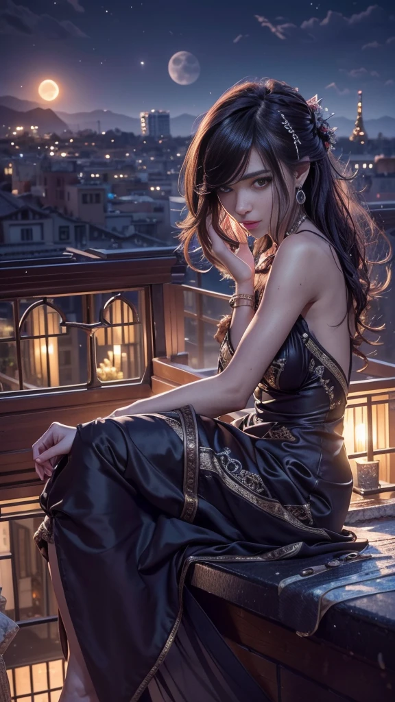 (32k:1.5, Highest quality, masterpiece, Ultra-high resolution), Professional camera work:1.6, Very detailedな肌と顔の質感:1.3, Captivating portrait:1.2, Very accurate, Very detailed, 1 adult female, ((Amazing night view from the rooftop:1.4, The moonlight at night illuminates my body)), (Satin Nightgown:0.7), Incredibly slim body, Sensual sitting position, sense of loss, Sadness, Expressions of sadness, (Big eyes that exude beautiful eroticism:0.4, A dreamy look:1.0, I love you with all my heart:0.8, Open your mouth a little, lipstick, Feel the beautiful eroticism:0.9), (Wet dark brown medium length hair), Candles, The chest is medium, Earrings, necklace, bracelet, (romantic, mysterious), Fair skin, elegant, Object of admiration, original, dramatic, Artistic, Innovative, Charm, Heartful, Fancy, sense of openness, sense of cleanliness, Special, exciting, Extreme, Tilt, ((Adult charm, Feminine charm, Hair blowing in the wind)