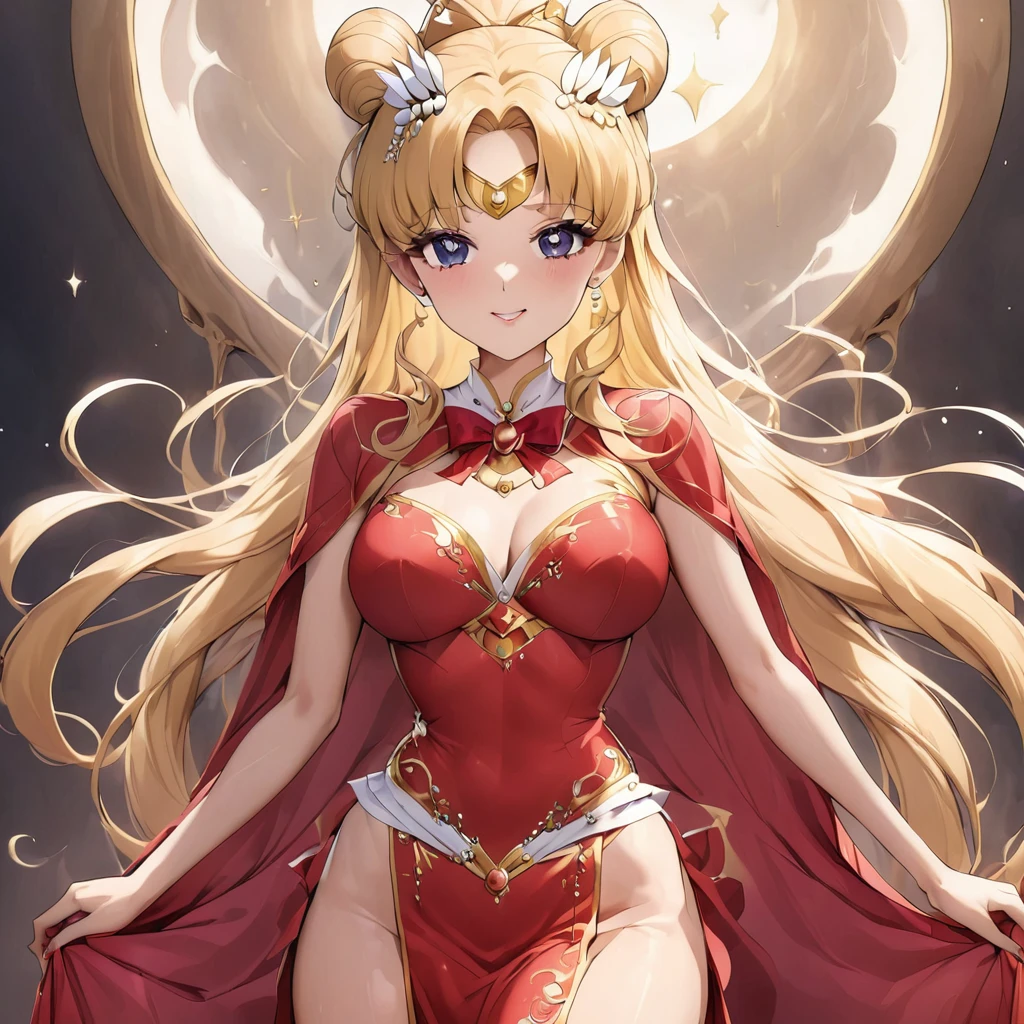 ((Highest quality)), ((masterpiece)), (detailed), (Perfect Face)、The woman is wearing a gorgeous, glittering, long-slit, red see-through Chinese dress with gold embroidery, a red veil and a red see-through cape, a gorgeous hair ornament, and gorgeous jeweled accessories.、The woman is the elegant Tsukino Usagi, with long blonde hair in a chignon twin tail.
