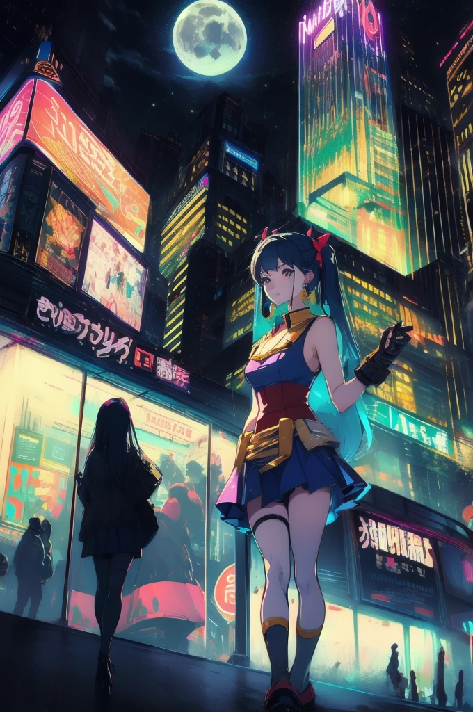 (masterpiece, Highest quality;1.3), Very detailed ,Super detailed,  One girl,alone,  Twin tails,  Large Breasts, Wicked Smile, Gundam(Search results for RX78), sf, Mecha, , Blue Hair, alone, hair ornaments, Long Hair, Twin tails, Golden Eyes, jewelry, Earrings, View your viewers,Shinjuku City Background,night, There are lots of neon signs, Moon base, Detailed dress, Micro Mini Skirt,  From below, Sitting,, Bust Shot,