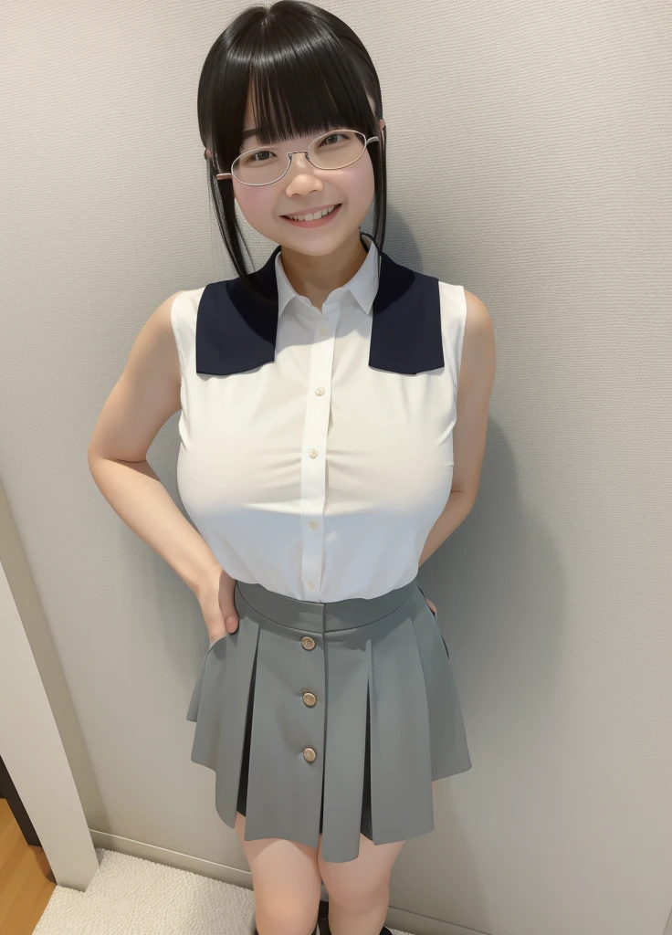 masterpiece,Highest quality,Top 1 Girl, alone, Realistic, View your viewers, Black Hair,Glasses,Simple Background,smile,Big Breasts,whole body,Button and collared shirt,Slender,skirt,Thin and beautiful legs,Erect nipples,See-through and sleeveless