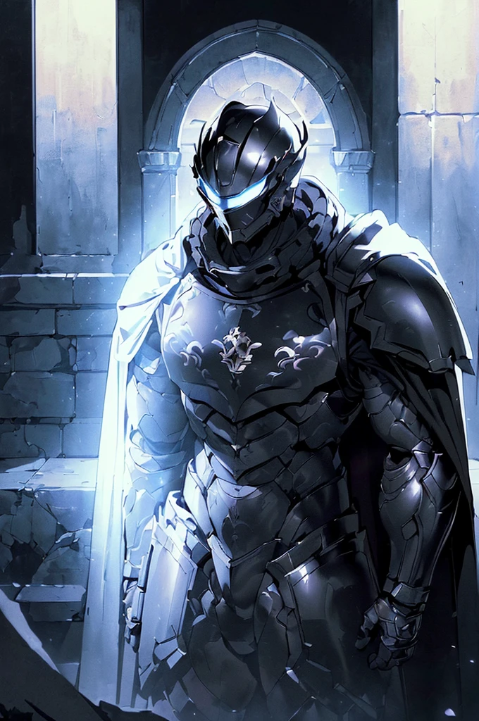 (masterpiece; best quality: 1.2), (full-armored man)), ((solo)), (hollow visor: 1.4), (body; muscular, large, masculine: 1.3), (beautiful and clear background: 1.2), ((depth of field)), (equipment: all-black full plate armor + visor lowered + long black cape: 1.3), (anime illustration: 1.2), (background composition; castle corridor + night time: 1.1), (shot composition; standing + centered on torso + close-up: 1.5)