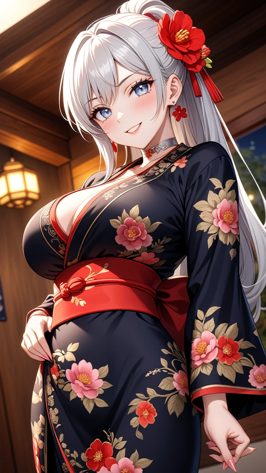 ((One personの女性)), Beautiful Face, (Laughing embarrassedly), (smirk:1.4), ((Wink:1.8)), (head tilt:1.3), Laugh with your mouth wide open, upper teeth, looking at viewer, (Doing y poses), ((Bright red cheeks:1.4)), Glossy Red Lips, night,Terrace with sea view, firework, Glossy red lips, Shining Face, ((Anime style background)),masterpiece, Highest quality, so beautiful,up to date, Complex details, (Pink long nails), (nail art), (ring),(bracelet),(Floral choker),AI-generated, Complex,High resolution, Highest quality, super high quality,3D Images、3D Images,One person,Long white hair,High Ponytail, Anime woman posing for a photo, (blue eyes:1.2), ((Fine grain、Light silvery white eyes、Shining Eyes:1.3)), (Squint your eyes:1.1),a hyperRealistic , hyperRealistic , Realistic,Anime woman with long white hair, Smooth anime CG art, (A woman in a colorful kimono with gold embroidery), (Black long sleeve kimono),Red floral pattern,Long flower hair ornament,Earrings,Matdy,(Big Breasl,Abdominal muscles,Tight waist, (face focus:1.1), (dutch angle:1.3),