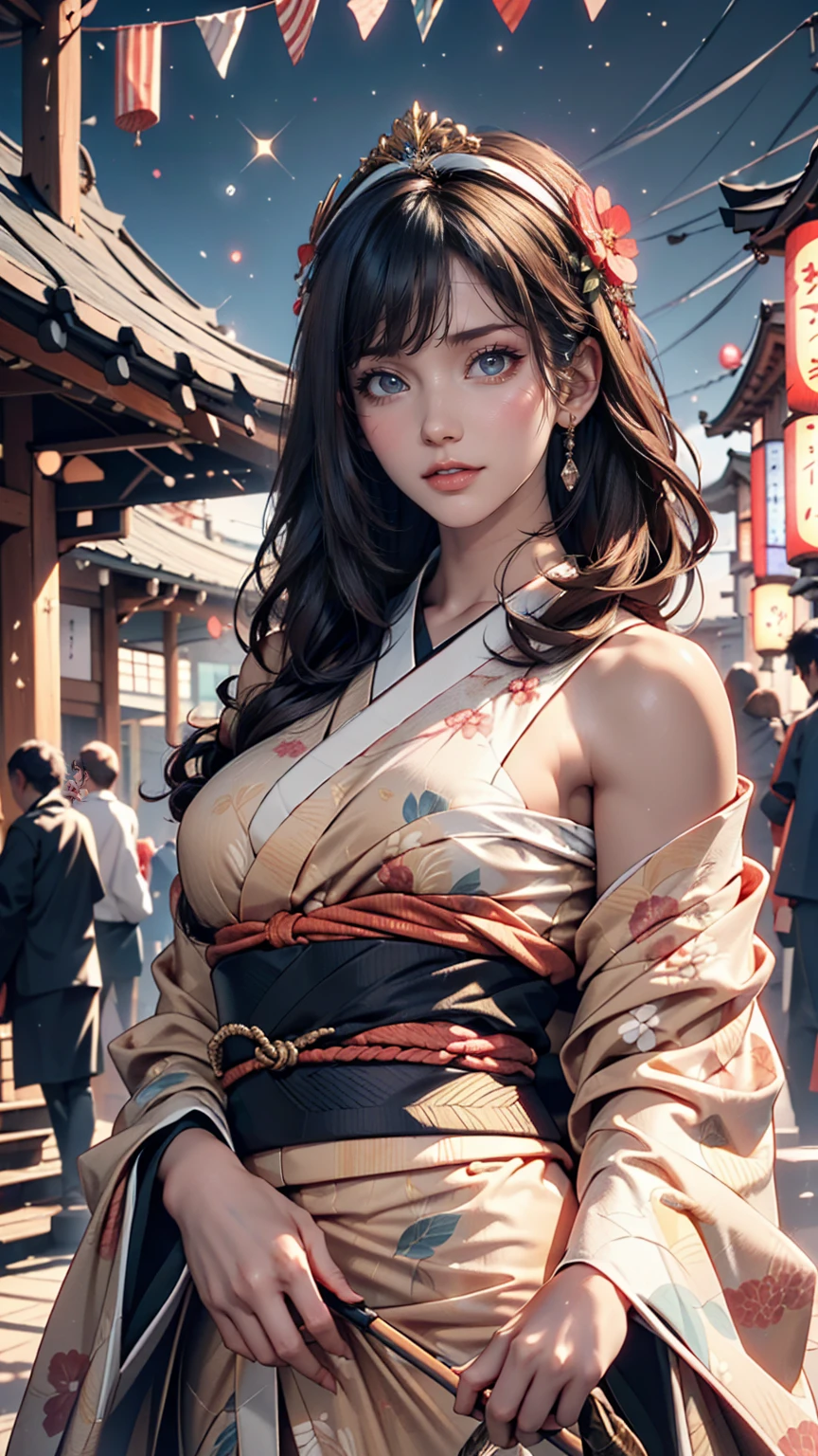 Looking at the camera,(((Highest quality, 8K, masterpiece))), Sharp focus, (Beautiful woman with perfect figure), thin, (Hairstyle: superior)), ((kimono: Cane)), street: 1.2 Very detailedな顔と肌の質感 詳細な目 double eyelid ランダムな姿勢, (smile),ssuperiorer cute Japan person,ssuperiorer beauty Japanese girl, Realistic Face, double eyelid,smile,Summer festival , At sunset , Beautiful Teeth , Fireworks Background、24-year-old female、Sexy proportions、Sexy、Narrow waist、Headpiece((hair ornament))、Cinematic light effects、Sparkle Effect((cinematic lighting, sparkle, 8K))、Anatomically correct((anatomically correct))、Ultra high definition((uhd))、Textured skin((textured skin))、Very detailed((super detail))、High detail((high details))