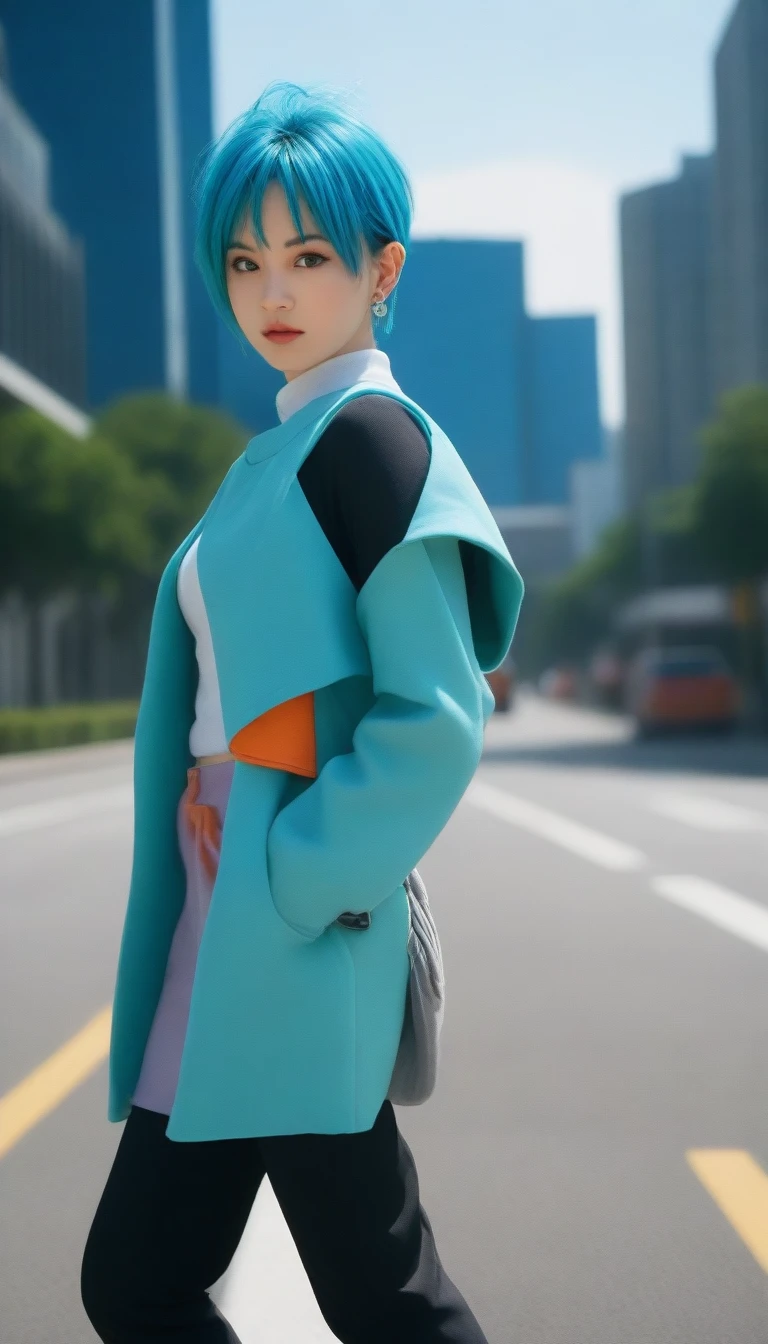 Bulma de Dragon Ball marchant dans un paysage urbain futuriste。L&#39;arrière-plan présente des gratte-ciel et des véhicules futuristes.。Le style artistique est réaliste.、Utilisez une palette de couleurs vives。
