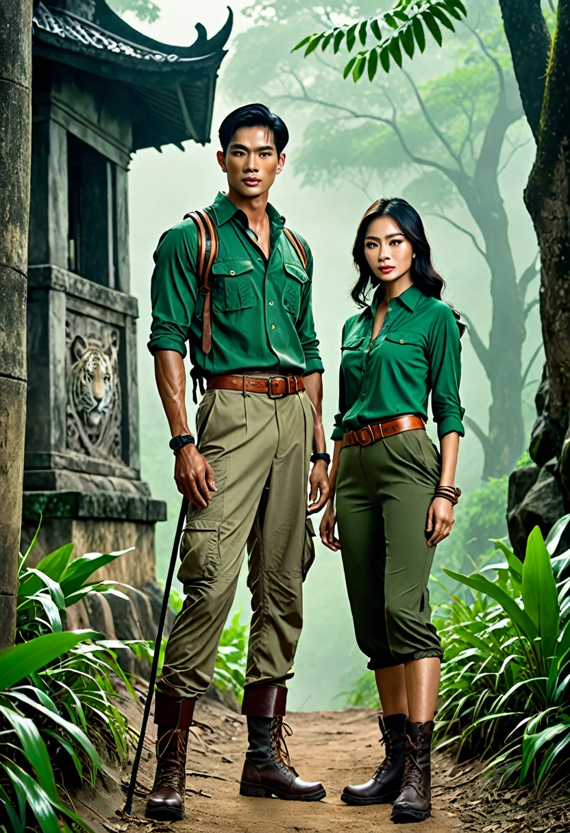 Create a movie poster for the film "Petch Pra Uma: The Curse of the Sleeping City". The main characters are:
- Rapin Phaiwan , a tall , muscular , and handsome Thai man with sharp facial features, dark skin , and short cropped hair . He is wearing a long-sleeved green shirt, durable long pants , hiking boots , and a safari hat with a tiger stripe leather band.
- Raphin , a beautiful woman with sharp features and long black hair , wearing appropriate hiking attire for adventure .
- Noina , a young man in his 20s or 30s , with a fit build and dark skin , dressed in hiking gear .
They are standing in front of an ancient , mysterious castle shrouded in mist and eerie lights . The atmosphere is dark and filled with a sense of enchantment and danger . 35mm film cinematic highly detailed dslr dramatic