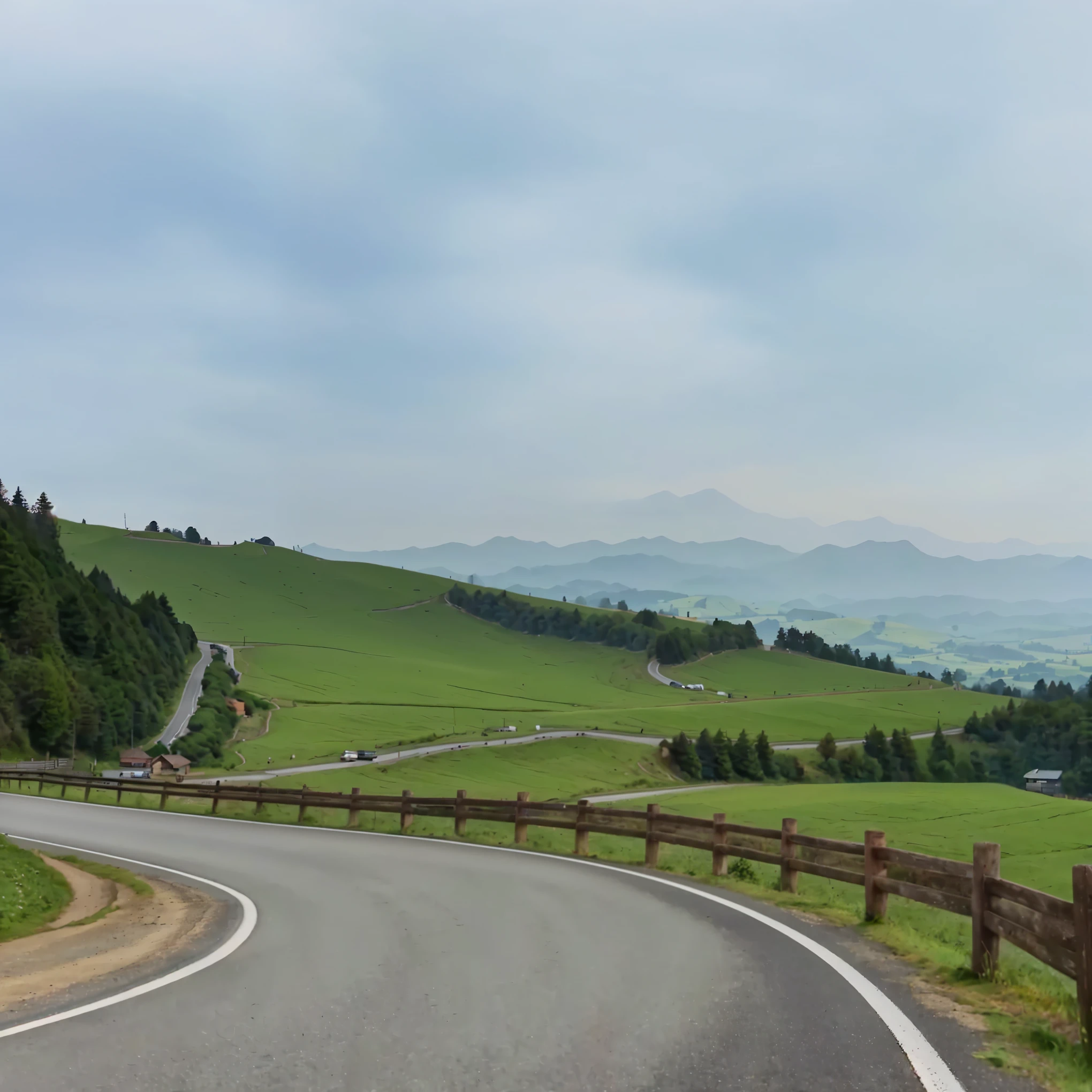 There is a bend in the road,There is a fence next to it, Mountain Road, Mountain Road, Downhill view, Hills in the background, Stunning scenery in the background, scenery is beautiful, very scenery is beautiful, rolling green hills, countryside in japan, hills and mountains, very very scenery is beautiful, Rolling Hills, There are mountains in the distance