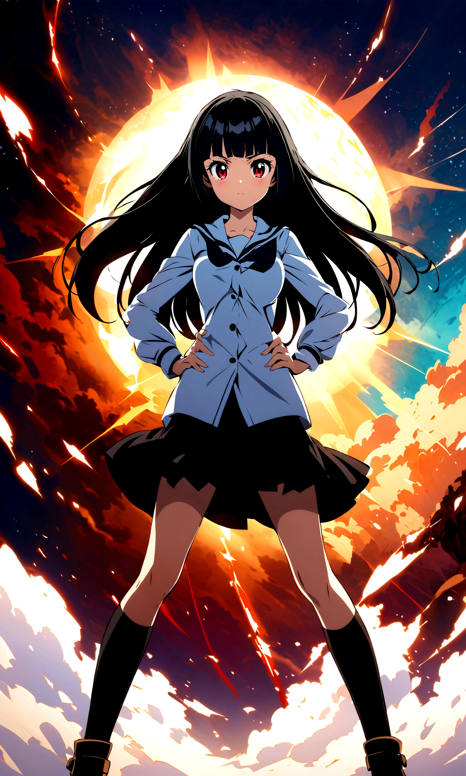 high school girl、Knee-high socks、Absolute area、Background white、Semi-long hair、whole body、Standing with your legs apart、Red Eyes、Displeased、to point at、Hands on hips、真summer、summer、Sunshine、Spiteful eyes、、Black Hair、blunt bangs、White shirt,1 girl, 2D CG, Advanced digital anime art, anime character