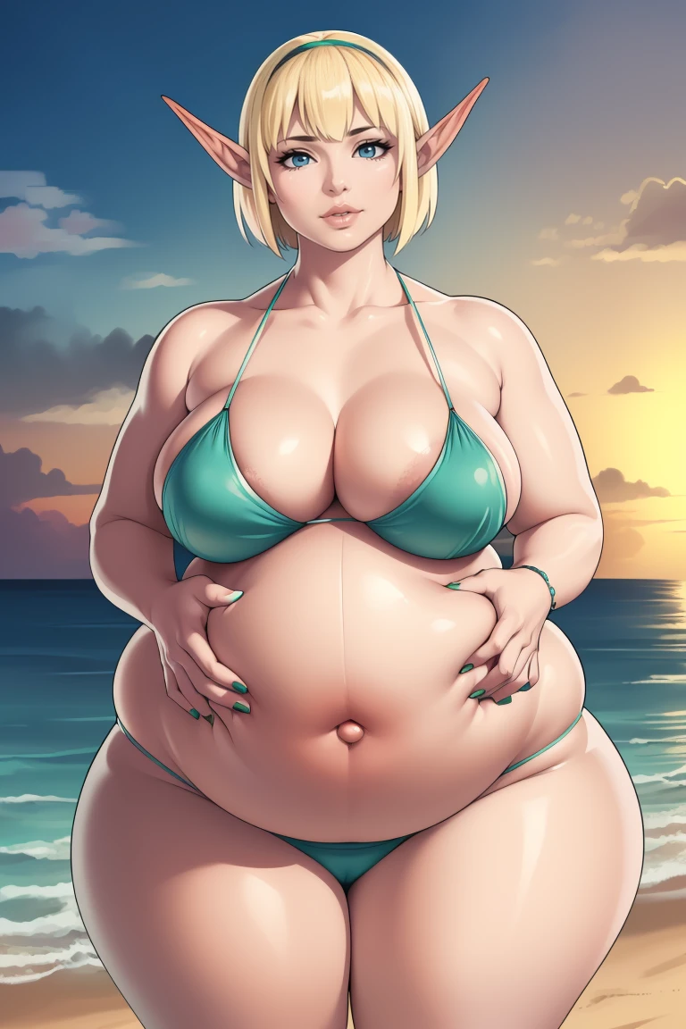 Masterpiece, Best Quality, (((Solo mature woman high elf))), (((blonde hair))), bangs, Large chest, ((obese)), overweight, chubby, (((pregnant))), (((wide hips))), (((aqua green eyes))), full lips, seductive smile, cleavage, beach,  sunset, blushing, (((wearing bikini))), [Janet], [Alice], "beautiful mature face" , age30 , milf , adult