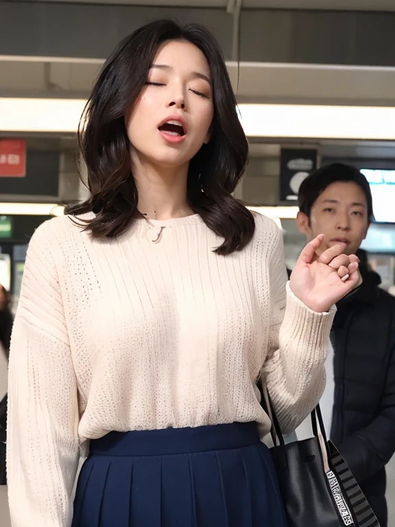 (((8K、High resolution、Highest quality、High resolution)))、alone、Charming person、White skin、Natural Makeup、Photograph the whole body、Flaxen Hair、Semi-long layer cut,Charming person物、 (White long sleeve knit blouse、beige plaid skirt、Beige tote bag), clock、White nails、At the station platform、Sweat,((((blush, close your eyes, Open your mouth))))