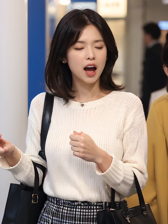 (((8K、High resolution、Highest quality、High resolution)))、alone、Charming person、White skin、Natural Makeup、Photograph the whole body、Flaxen Hair、Semi-long layer cut,Charming person物、 (White long sleeve knit blouse、beige plaid skirt、Beige tote bag), clock、White nails、At the station platform、Sweat,((((blush, close your eyes, Open your mouth))))