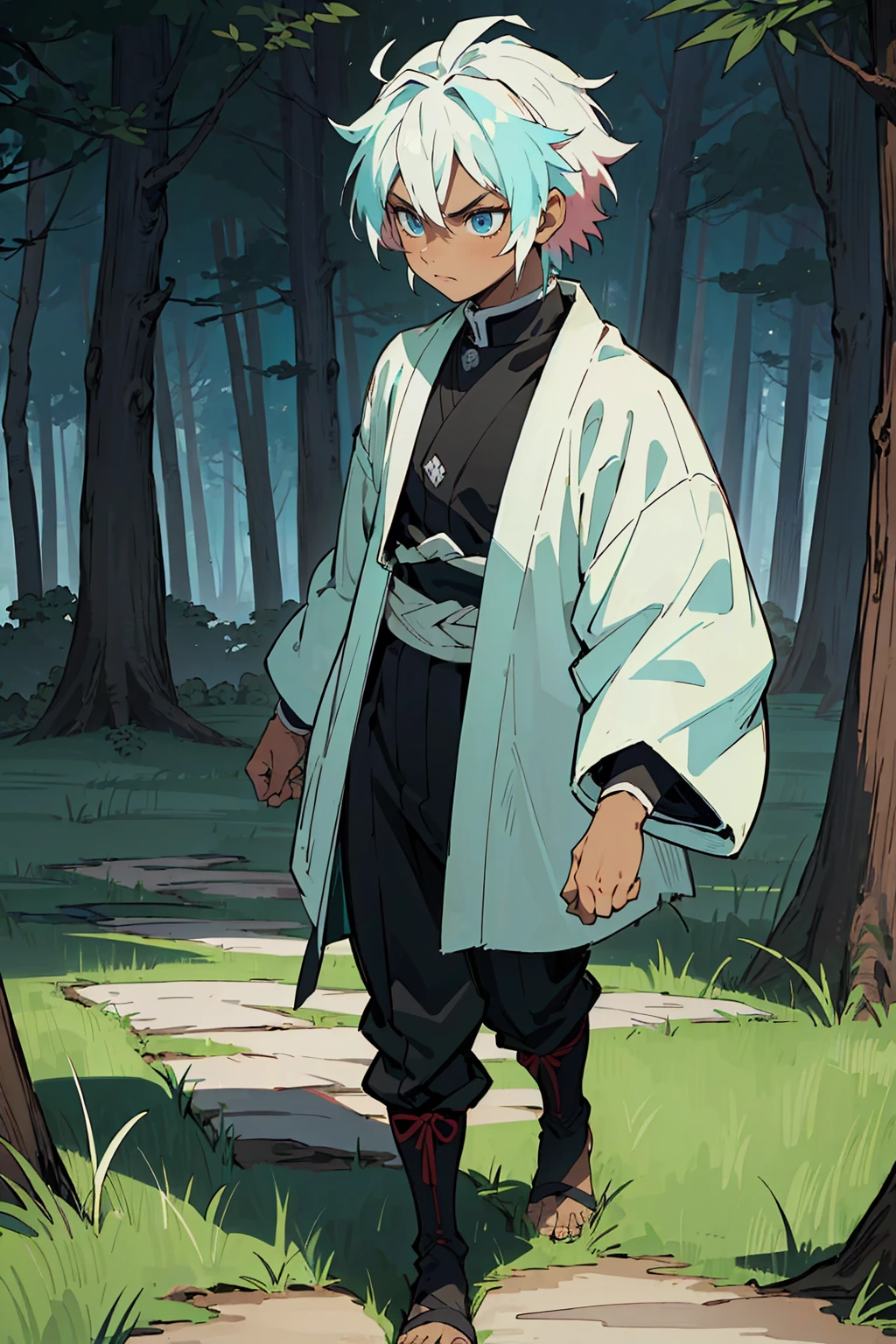 ((masterpiece,best quality,1boy,male focus,masculine,solo,closed mouth,teenager,muscle,muscular)),(white hair,short messy hair),((pale blue eyes,perfect eyes,glowing eyes,perfect face,serious demeanor)),(((dark skin color,standing still,caramel skin color,multicolored haori, white haori, black haori, demon slayer outfit))), ((forest background,trees, walking on path,grass))