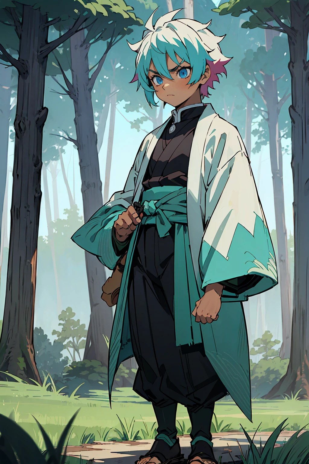 ((masterpiece,best quality,1boy,male focus,masculine,solo,closed mouth,teenager,muscle,muscular)),(white hair,short messy hair),((pale blue eyes,perfect eyes,glowing eyes,perfect face,serious demeanor)),(((dark skin color,standing still,caramel skin color,multicolored haori, white haori, black haori, demon slayer outfit))), ((forest background,trees, walking on path,grass))