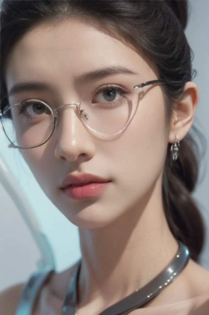 (((best quality))),(((ultra detailed))),(((masterpiece))),illustration,((1 beautiful girl,solo)),((slim,thin)),((small breasts,flat chest)),futuristic laboratory, ((stylish glasses,detailed eyes)), intelligence,((strapless white lab bra)),(short ponytail:1.2), flawless skin,(laughing:1.2),(earrings,crystal necklace), cyberpunk vibe, high-tech equipment, darkened lighting, high-altitude lamps, beakers, flasks, test tubes, computer screens, consoles, terminals, scientific wonderland, desolate surroundings, time warp, motionless, deep in concentration, profound scientific mystery, secrets of the universe, beauty, poignancy, essence of science, mystery, alluring appeal, captivating, enchanting,((close-up of face,from front))