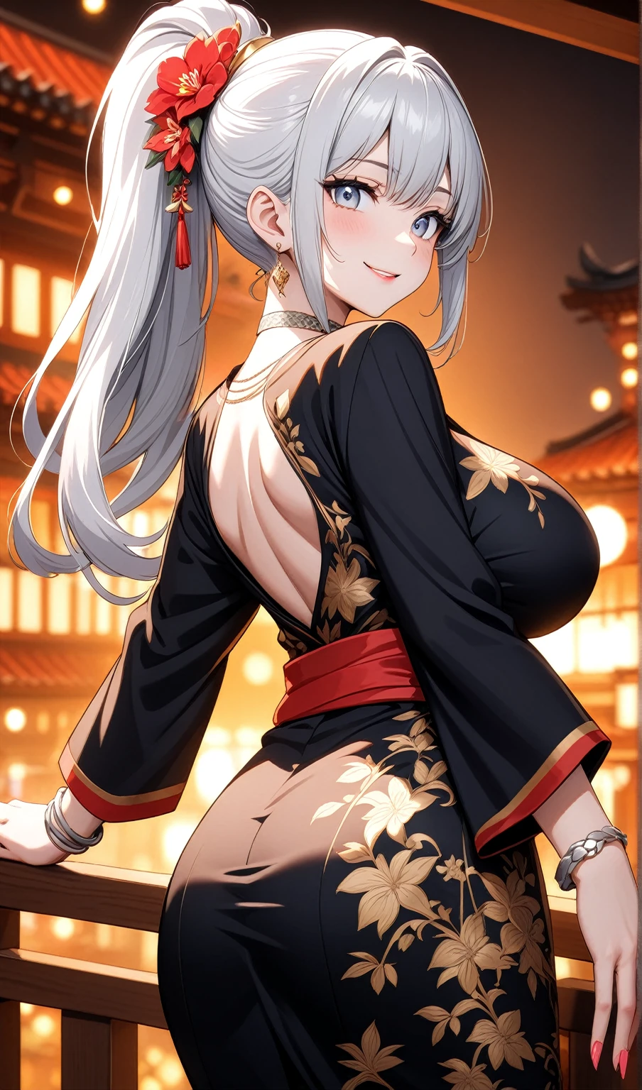 ((One personの女性)), Beautiful Face, (Laughing embarrassedly), (seductive smile:1.4), ((Wink:1.9)), (head tilt:1.3), Laugh with your mouth wide open, upper teeth, looking at viewer, ((Bright red cheeks:1.4)),Glossy Red Lips,Night view, High terrace, firework, Glossy red lips, Shining Face, ((Anime style background)),masterpiece, Highest quality, so beautiful,up to date, Complex details, (Pink long nails),(ring),(bracelet),(Floral choker),AI-generated, Complex,High resolution, Highest quality, super high quality,3D Images、3D Images,One person,Long white hair,High Ponytail, Anime woman posing for a photo,(blue eyes), ((Fine grain、Silvery white, lightly pigmented eyes、Shining Eyes:1.3)), (Squint your eyes:1.1),a hyperRealistic , hyperRealistic , Realistic,Anime woman with long white hair, Smooth anime CG art, A woman in a colorful kimono with gold embroidery, ((Black long sleeve kimono)),Red floral pattern,Long flower hair ornament,Earrings,Mature Body,(Big Breasts:1.1),Tall,Abdominal muscles,Tight waist,Leaning forward, (hip focus:1.1), ((looking back)),
