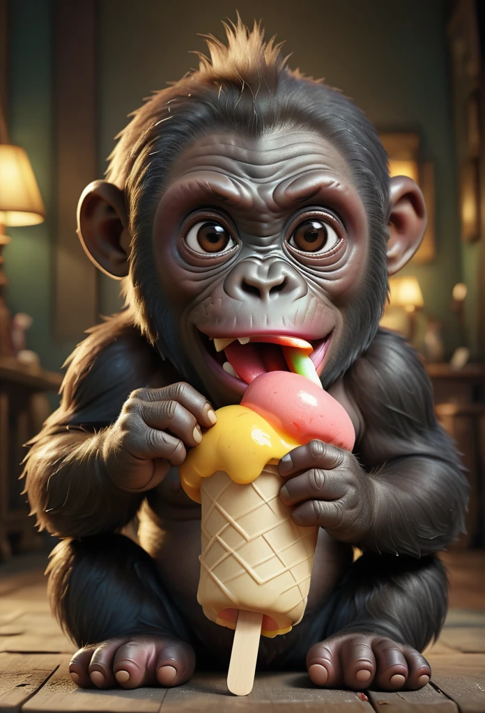 A stunning image of a cute, adorable, wacky gorilla holding a popsicle. The style is moody, grainy, and noisy, resembling concept art. It combines elements of meaningful visual art, detailed painting, and digital illustration. Created with Unreal Engine 5, it features 32k maximalist resolution and hyperdetailed fantasy art. The image is 3D digital art with sharp focus, presenting a masterpiece of fine art. No symbols or additional text.