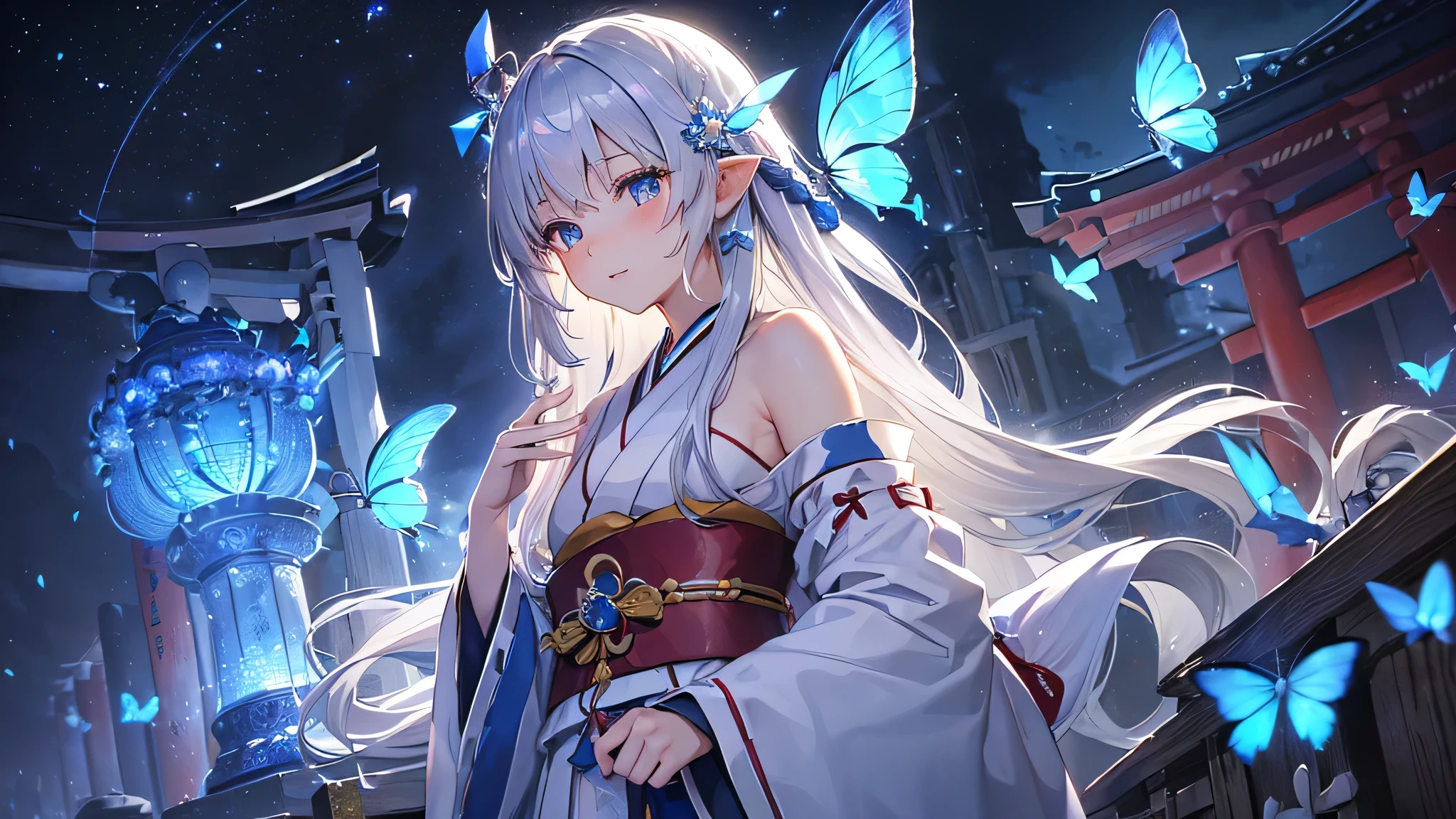((high resolution, silver hair, long hair, shrine maiden, white band)) ((mysterious, blue butterfly, night, Japanese style, shoulder, shining aura)) (prayer, dance), moon, stars